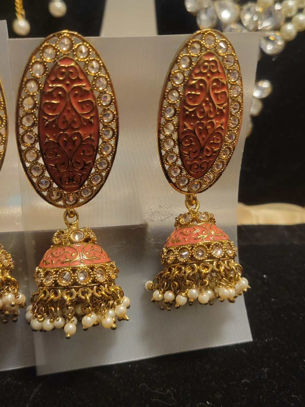 Gold-Tone Pink Enamel Jhumka Earrings with Pearls